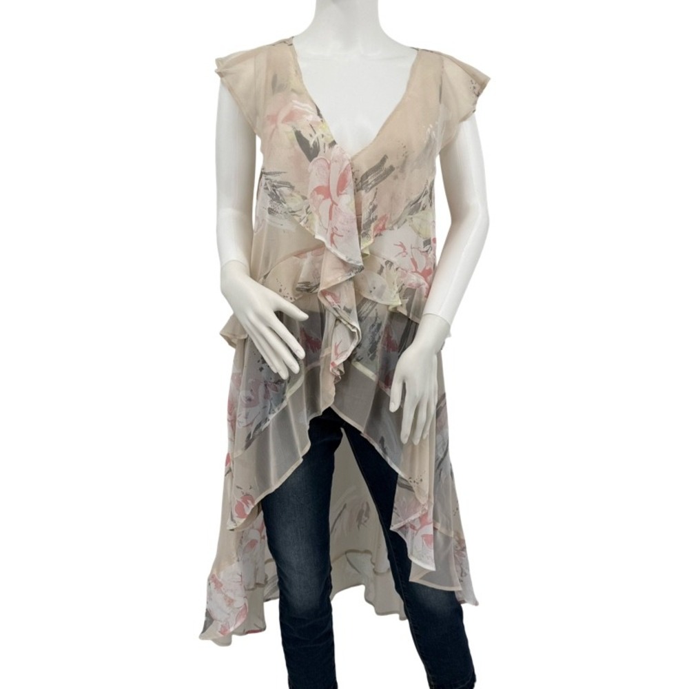 LEITH Sheer Floral Ruffle High Low‎ Tunic Top Half Cardigan Flutter Sleeve Large